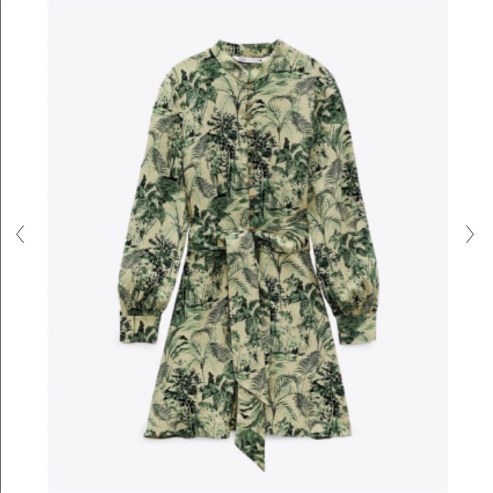 Zara Green Palm-Print Long-Sleeve Shirt Dress